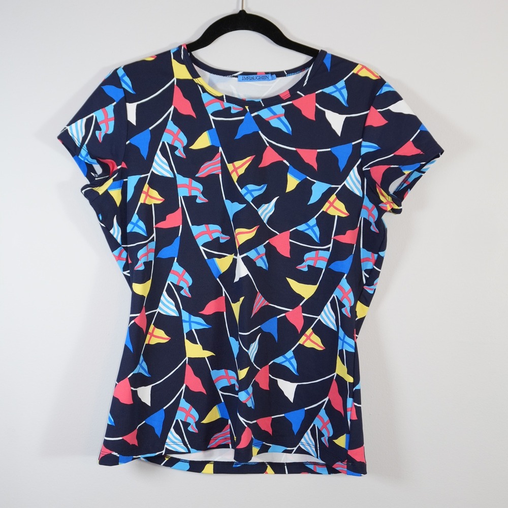 J. McLaughlin Nautical Flag Print Top Navy Catalina Cloth Short Sleeve Shirt L